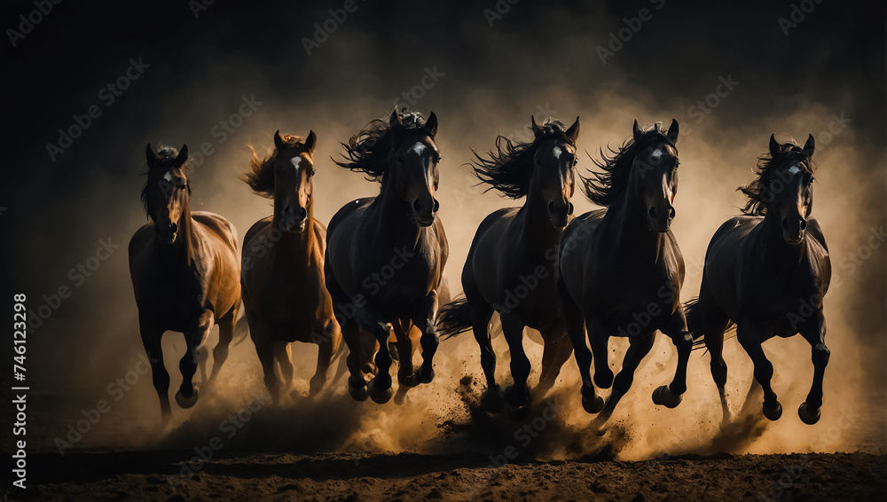Obraz premium Magnificent herd of dark horses in the background