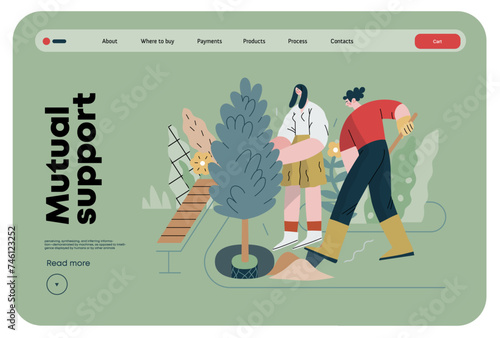 Mutual Support: Community yard improvement -modern flat vector concept illustration of people planting trees and plants A metaphor of voluntary, collaborative exchanges of resource, services