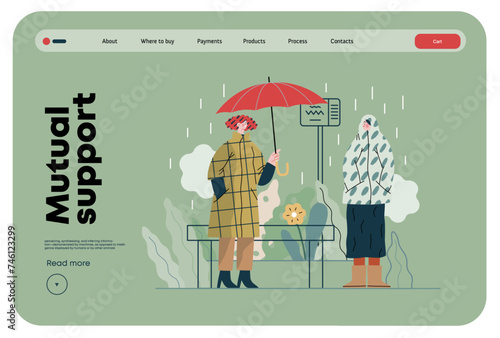Mutual Support: Offer an umbrella to a stranger -modern flat vector concept illustration of a at a bus stop in the rain offering an umbrella A metaphor of voluntary, collaborative exchanges