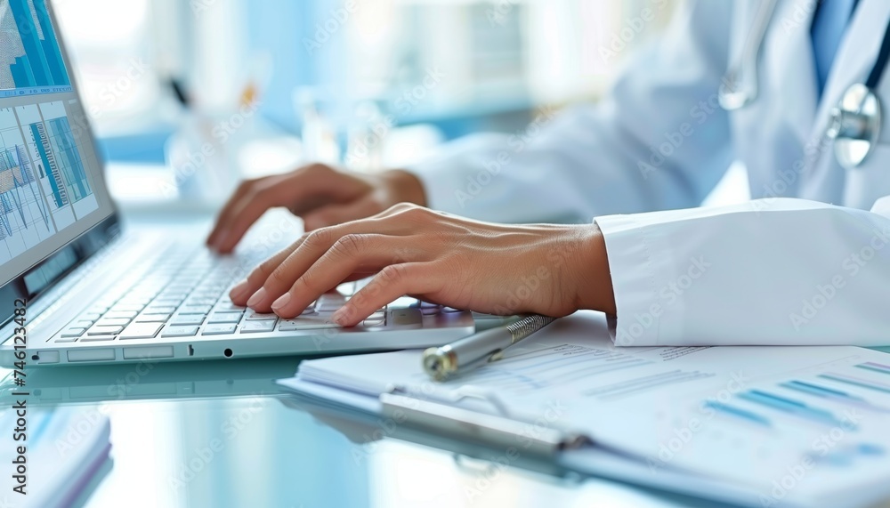 Close up of hands typing on keyboard with notebook and pen, copy space available for text Close up of hands typing on keyboard with notebook and pen, copy space available for text