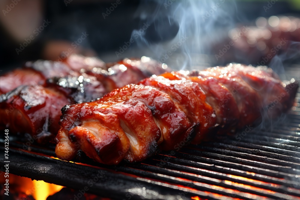 Tangy Pork bbq plate closeup. American steak. Generate Ai