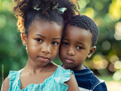 Closeup portrait of young black boy and girl, brother and sister, shy and serious, looking  at the camera.