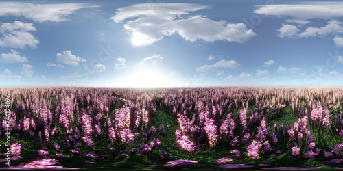 Field of purple flowers under a blue sky 360 panorama vr environment map 3d render illustration