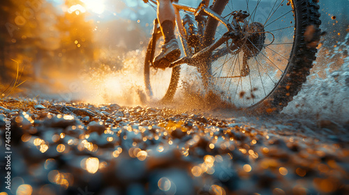 Cyclist speeding over gravel, water and mud photo