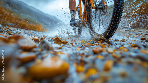 Cyclist speeding over gravel, water and mud