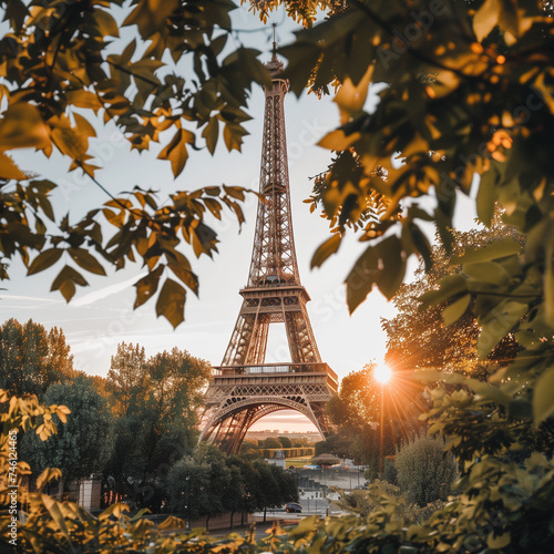 Sunset View of the Eiffel Tower Through Foliage © HustlePlayground
