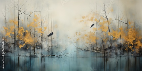 AI Generated. AI Generative. Abstract drawing painting watercolor nature outdoor forest trees lake with birds landscape background. Graphic Art