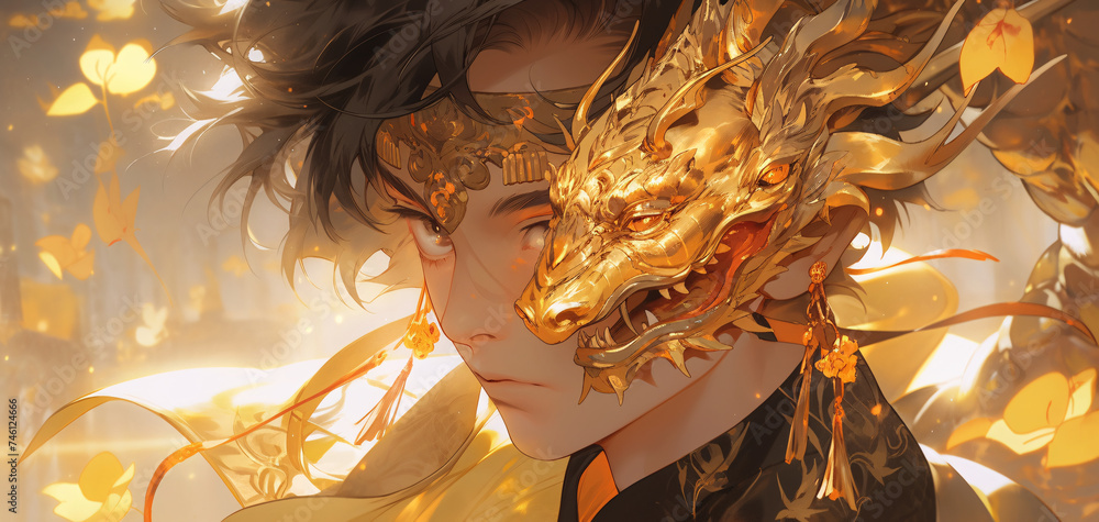 boy with white and gold dragon anime style - obrazy, fototapety, plakaty 