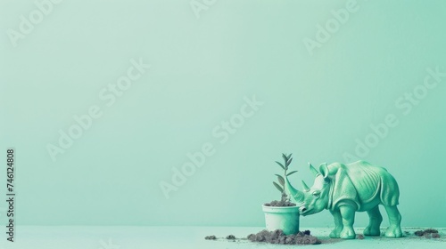 Minimalist image of a green rhino figurine seemingly eating from a potted plant on a green background