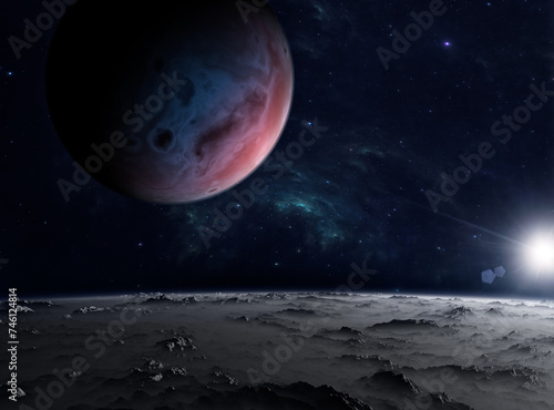 Fototapeta Naklejka Na Ścianę i Meble -  Planets and exoplanets of unexplored galaxies. Sci-Fi. New worlds to discover. Colonization and exploration of nebulae and galaxies. 3d rendering
