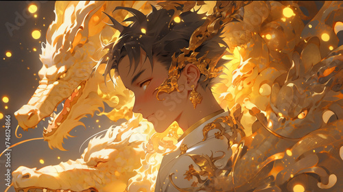 boy with white and gold dragon anime style