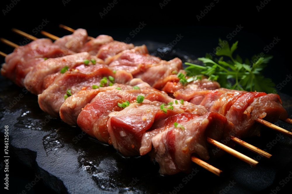 Pork skewers raw. Cooking onion beef. Generate Ai