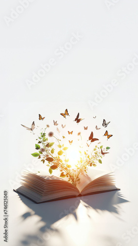 Book pages with butterflies coming out, isolated white background