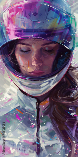 Biker Girl with Helmet Colorful Concept Drawing Art image HD Print 4608x9216 pixels ar1:2. Neo Modern Art V6 14 photo