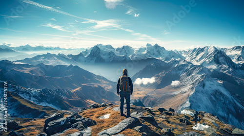 a man on top of the highest mountain looking down at the ground © petro