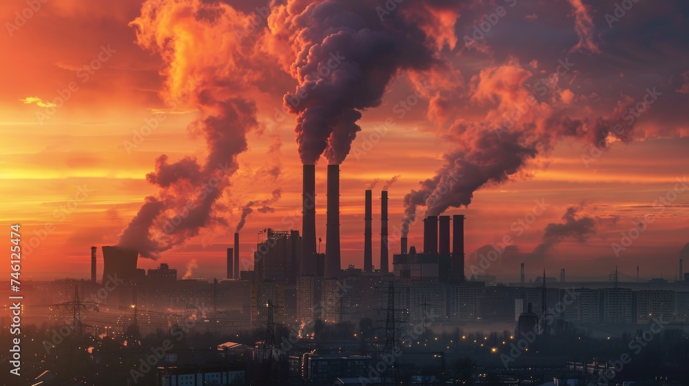 Smoke billows from towering chimneys against a fiery sky at dusk, casting a silhouette over the industrial landscape. The image captures the intense intersection of industry and environment