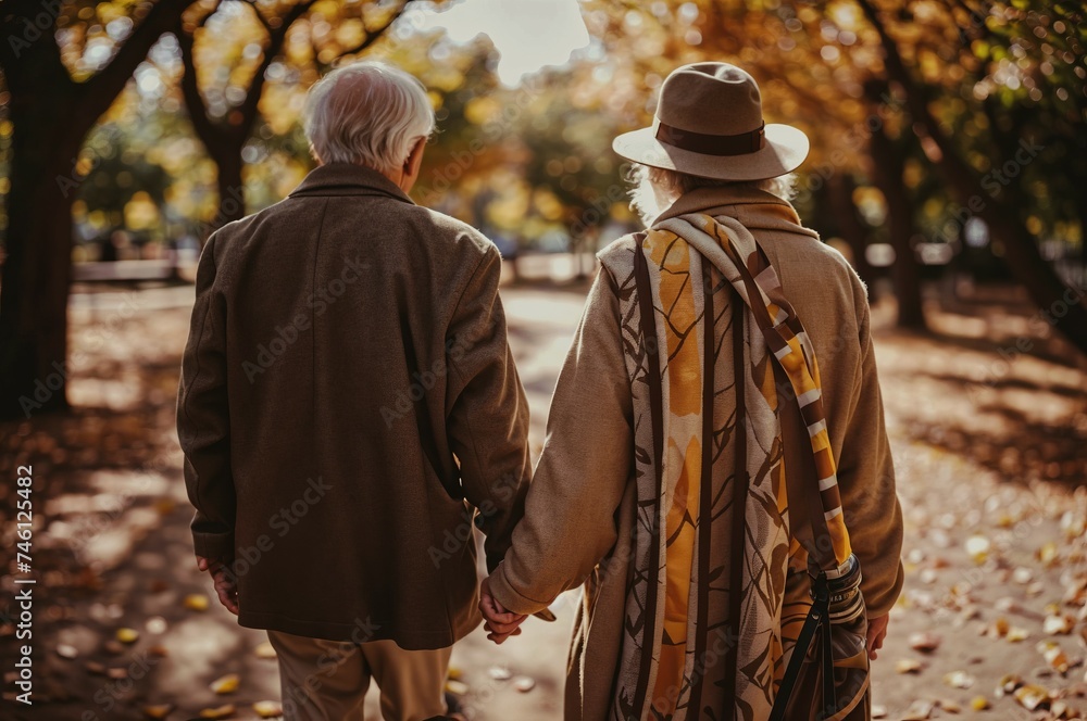 Senior couple enjoying autumn walk in park