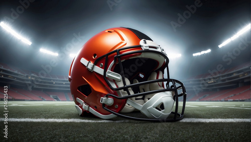 Professional american football helmet centered on the turf under stadium lights © bluebeat76
