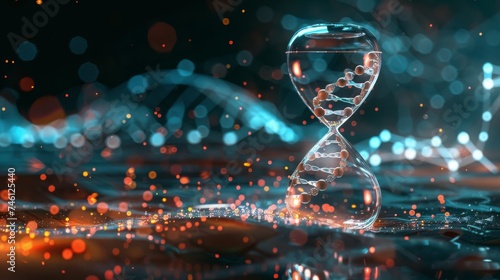 An hourglass intertwined with a DNA helix against a backdrop of digital bokeh symbolizes the complex relationship between time and genetics. It's a modern representation of aging and life's continuum. photo