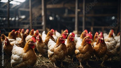 Chickens on the farm. Concept of organic poultry farming, fresh farm products. Chickens on a traditional chicken farm. Chickens look curious after discovering hidden camera on farm. Poultry farm