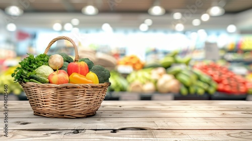 A rustic wicker basket overflows with a colorful selection of fresh fruits and vegetables, set against the backdrop of a grocery store. It symbolizes abundance and health-conscious shopping.