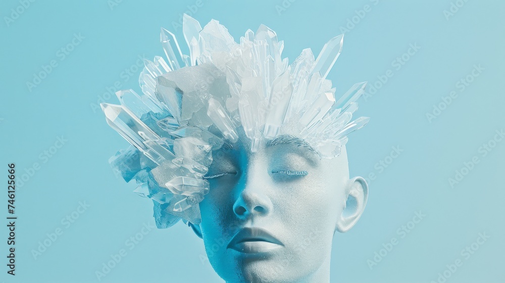 A mesmerizing image of a mirrored head bust wearing crystal crown evokes a sense of imagination and futurism