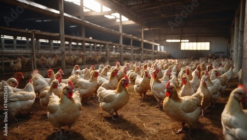 Light broiler chickens on farm. Meat chickens kept in modern aviary. Group of white free range chickens, broiler farm. Organic poultry farming, organic agricultural products. Poultry ranch