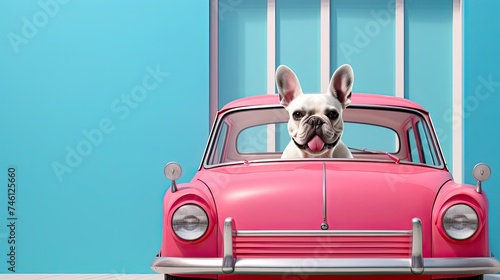 cute dog in the pink car. Generative AI