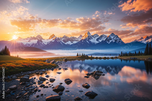 Mountain river landscape at sunset. Snow-capped mountains in the distance, shrouded in clouds. Blossoming meadows and pine trees. Serene scene unfolds at sunset. Picturesque vista, mountain landscape