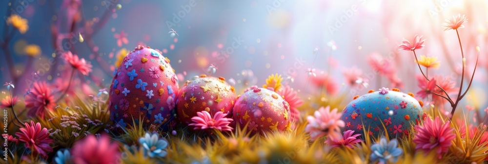 Colorful easter eggs nestled among vibrant spring flowers with magical light