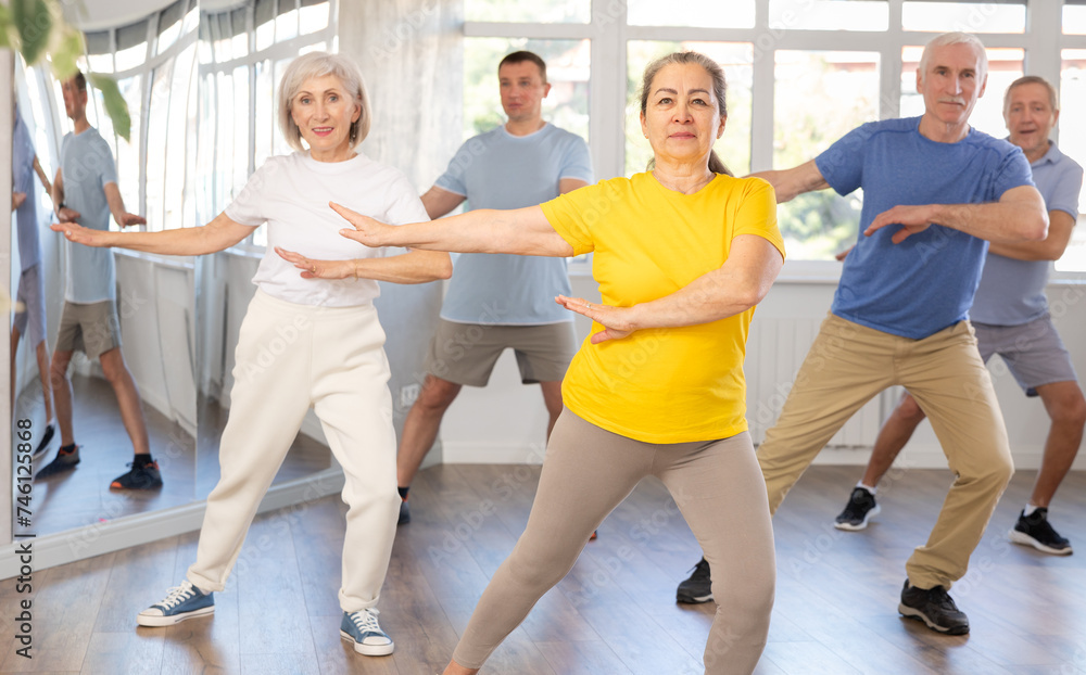 Fototapeta premium Group of aged people rehearsing sports dance in dance hall
