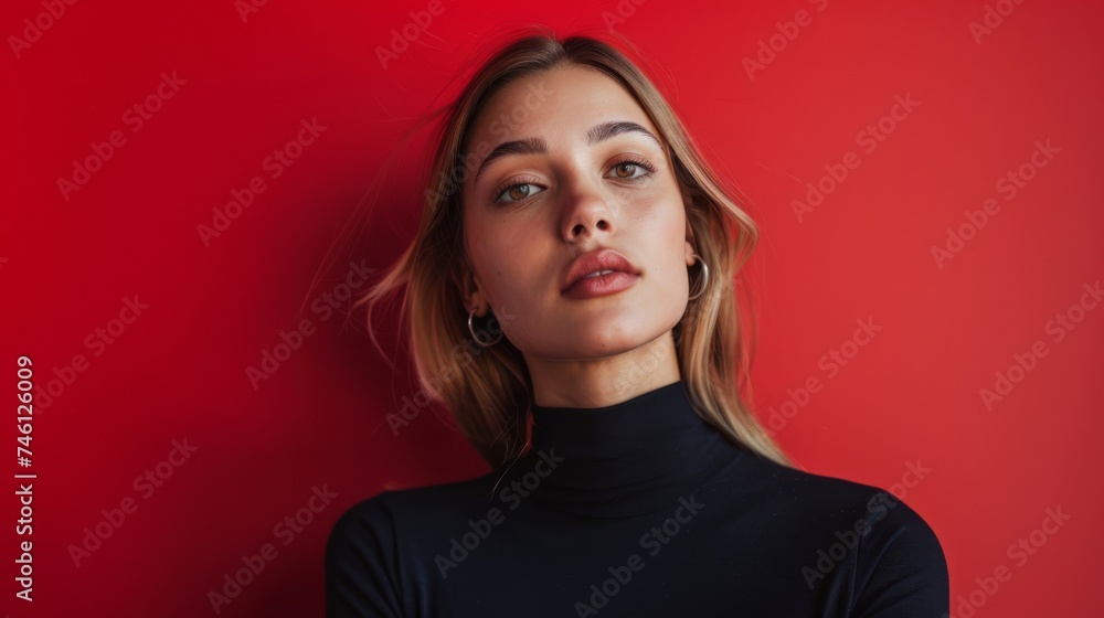 A composed young woman in a sleek black turtleneck against a deep red background, exuding simplicity and elegance A composed young woman in a sleek black turtleneck against a deep red background, exuding simplicity and elegance