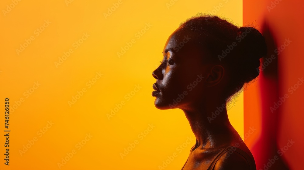 A striking silhouette of a woman with her hair up, against a two-tone orange background, evoking a sunset vibe