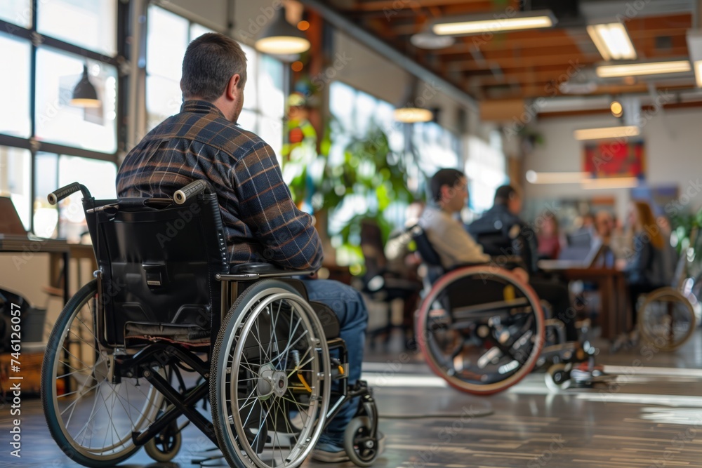 Modern office environment showing professionals in wheelchairs Modern office environment showing professionals in wheelchairs