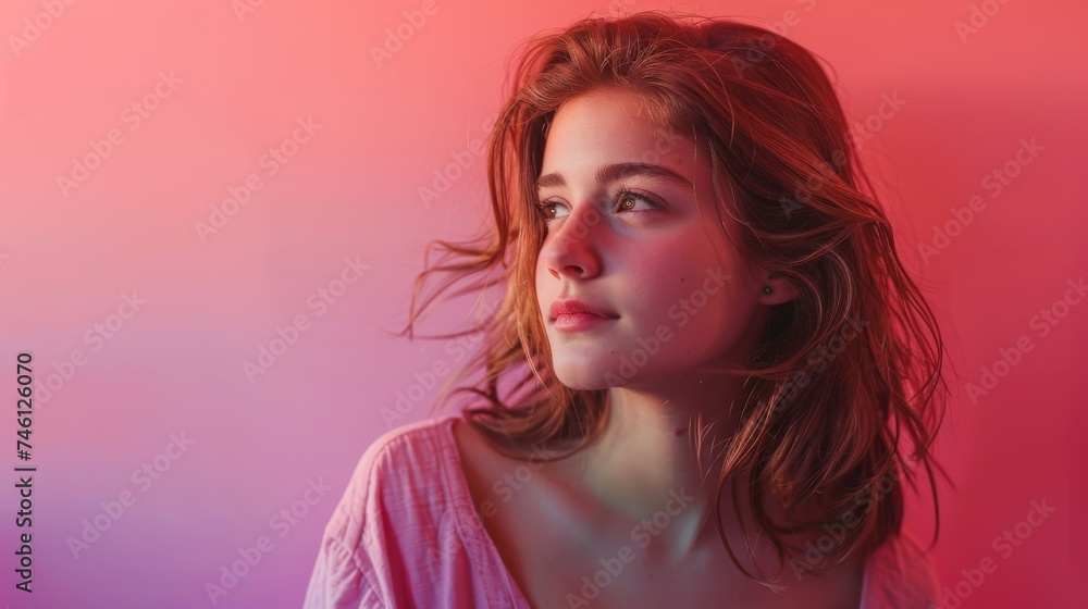 A thoughtful young girl surrounded by a blend of pink and blue hues, embodying a reflective mood