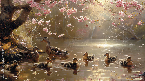 A family of ducks swimming in a serene pond surrounded by budding trees and vibrant spring foliage