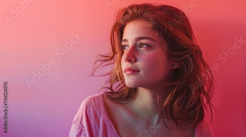 A thoughtful young girl surrounded by a blend of pink and blue hues, embodying a reflective mood