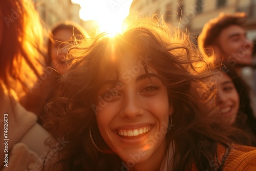 Happy young woman enjoying sunset with friends