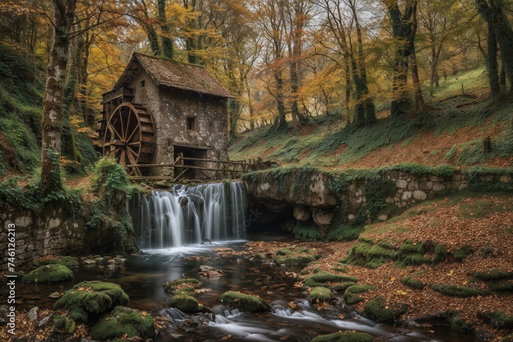 Fototapeta premium Rustic watermill surrounded by vibrant fall foliage and a cascading waterfall