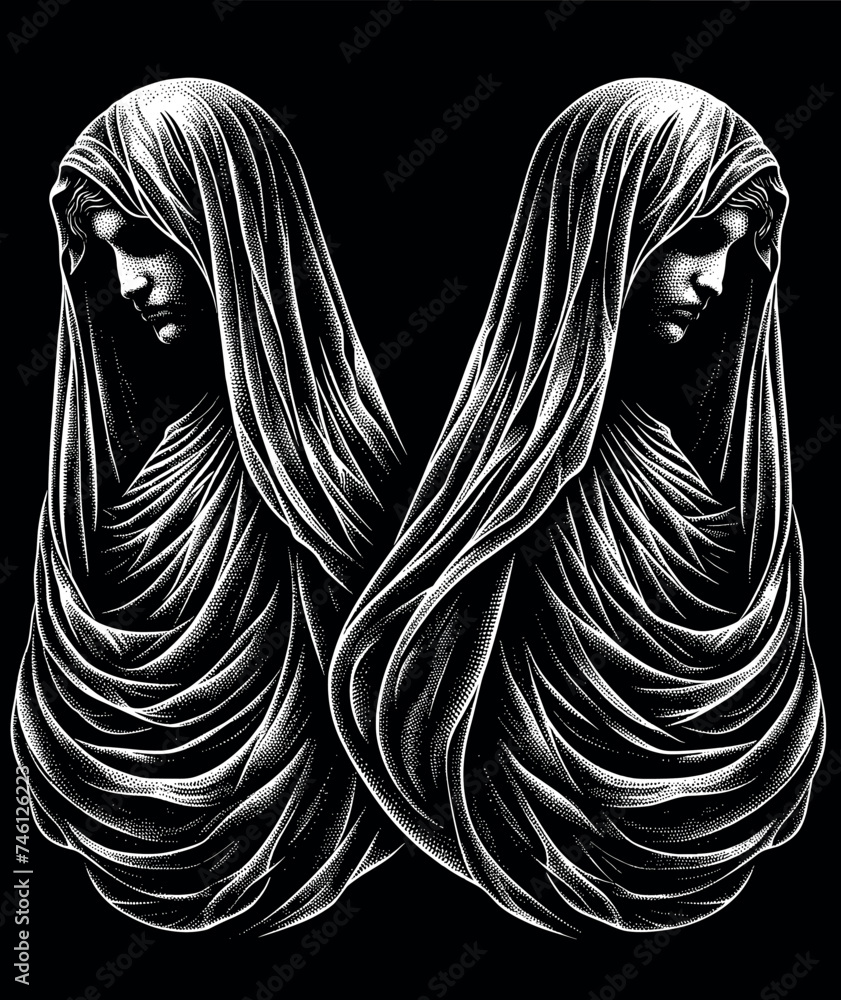 Monochromatic Dotwork Illustration of Enshrouded Figures Stock Vector