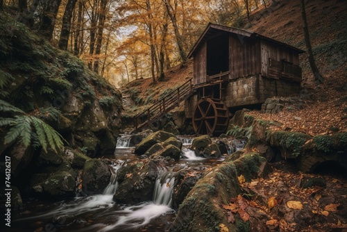 Rustic watermill with turning wheel alongside a flowing creek, surrounded by fall foliage