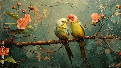 Wallpaper Mural two love birds on a branch with shades of flowers and leaves Torontodigital.ca