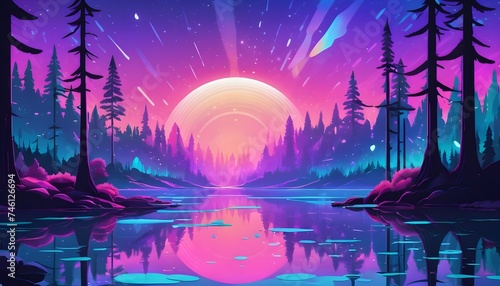 Holographic low-poly northen lake with forest landscape