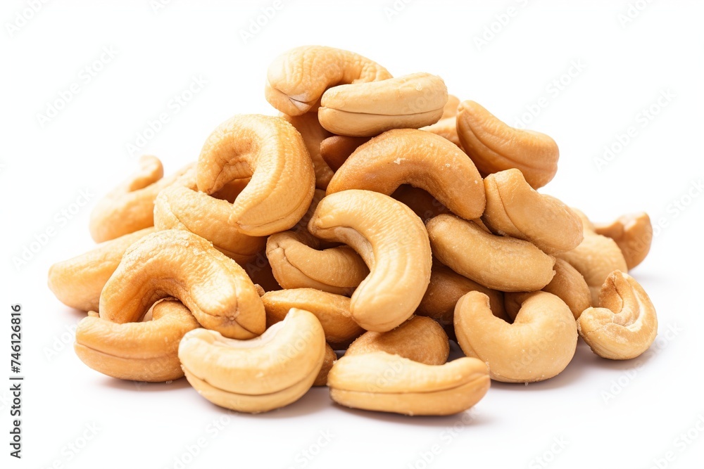 A small pile of salted cashews, arranged neatly on a white background, showcasing their golden-brown color and enticing texture A small pile of salted cashews, arranged neatly on a white background, showcasing their golden-brown color and enticing texture