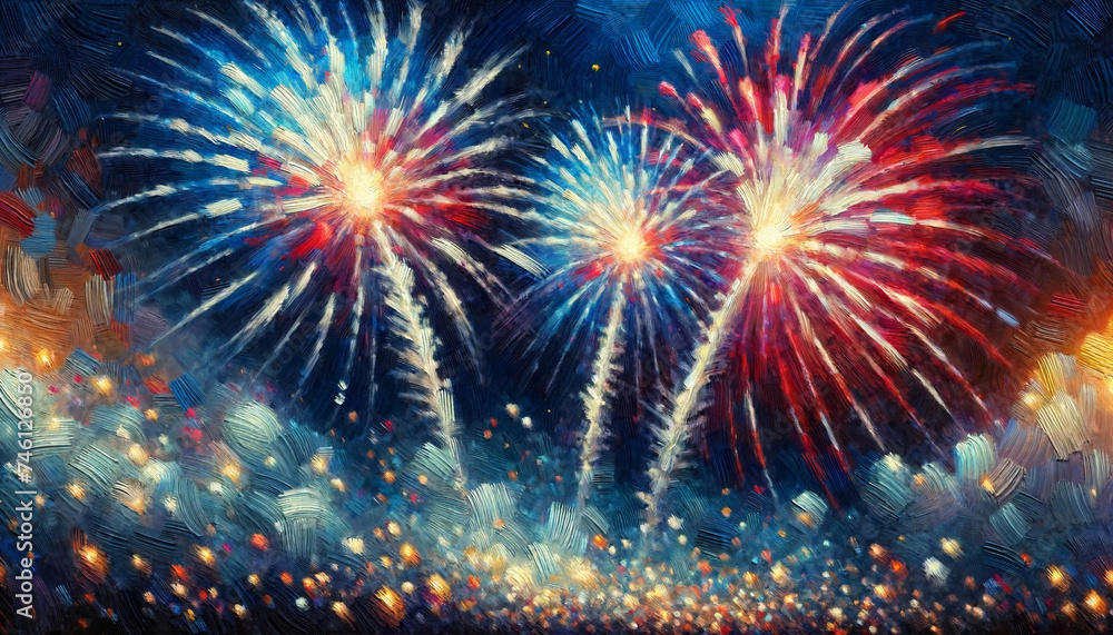 Dark blue background with red, white, and blue fireworks. Fireworks are in the style of a paining and include short and choppy strokes. 