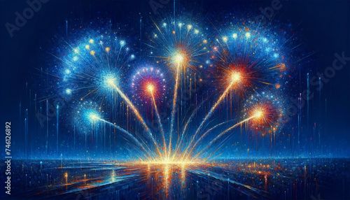 Dark blue background with soft red, white, and blue fireworks with appearance of some pieces raining down. 