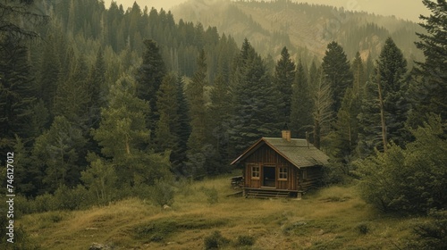 An aged cabin in the wild, harmonizing eco-friendliness with nature's allure, its backdrop a lush blur of greenery.