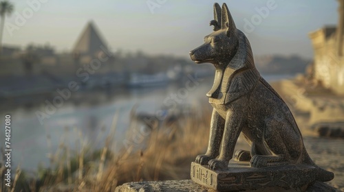 Anubis, god of embalming, watches over Egypt's wildlife preservation with a hazy necropolis backdrop. photo