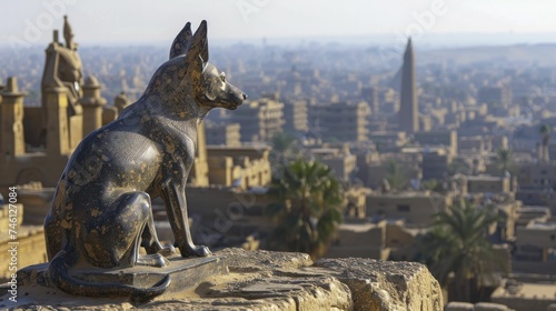 Anubis, god of embalming, stands near Egypt's wildlife preservation, a blurry necropolis behind.