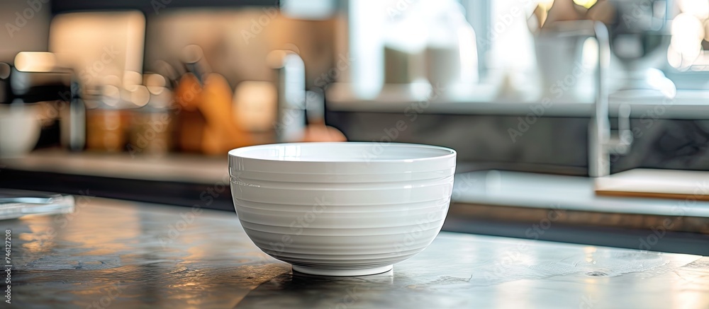 A white bowl is neatly positioned on top of a kitchen counter, ready for use in various culinary tasks. The simple yet essential kitchen item adds a practical touch to the cooking space. A white bowl is neatly positioned on top of a kitchen counter, ready for use in various culinary tasks. The simple yet essential kitchen item adds a practical touch to the cooking space.